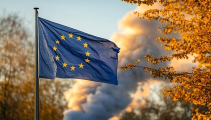 European Union Flag and Industrial Smokestack CO2 Emission, Pollution, Environmental Policy