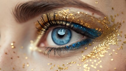 Closeup of a Blue Eye with Gold Glitter Makeup