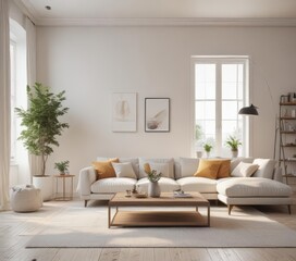 Bright, airy living room with minimalist furniture and d?cor , luxury, side table