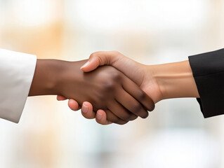Business negotiation handshake. Black and white person arms shaking wearing professional suit. Agreement, deal, partnership, cooperation. Women's hands holding. Isolated on white background
