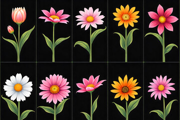 Obraz premium Vector image of various flowers on black background
