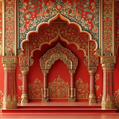 Intricate red and gold Mughal-style archway.
