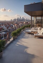 Luxury apartment, panoramic city view from rooftop terrace, amenities, architecture, urban
