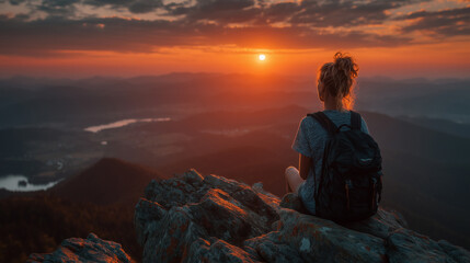 A girl with a backpack sits on top of a rocky cliff and watches the sunset. She has a panoramic view of the mountains and valleys.