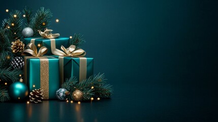 Elegant Turquoise Christmas Presents with Gold Accents and Pine Branches on a Dark Background