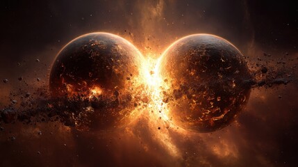 Two planets colliding creating fire and destruction in space.