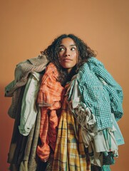 Woman Buried Under Pile of Clothes Looks Upward, Illustrating Overconsumption and Wardrobe Management for Sustainable Living and Minimalism : Generative AI