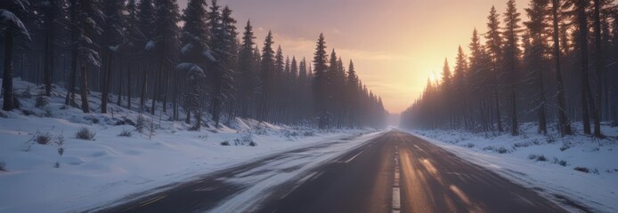Asphalt road winds through snowy forest, sunrise & galactic spectacle ,  horizon,  image,  dusk