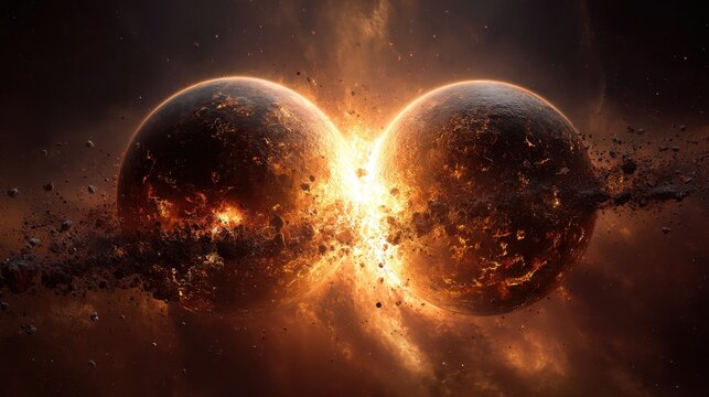 Two planets colliding creating fire and destruction in space.