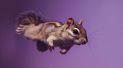 Obraz premium Adorable flying chipmunk mid-air isolated on purple background with copy space, cute small animal, wildlife, jumping chipmunk, nature close-up, playful rodent, wild animal, fun moment