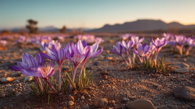 Vibrant purple crocus flowers blooming in the desert at sunset.