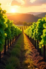 Fototapeta premium Sun-drenched vineyard rows stretching to the horizon, lush green vines heavy with ripening grapes, ready for harvest A picturesque winery scene at golden hour , tranquil, organic, rows