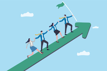 Leadership development, team success or motivation to lead team to reach goal, improvement or progress, growing together concept, businessman and woman team holding hand walk up rising growth arrow