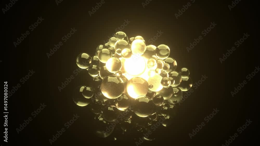 Poster abstract animation of a cluster of golden spheres pulsing and radiating light against dark backgroun