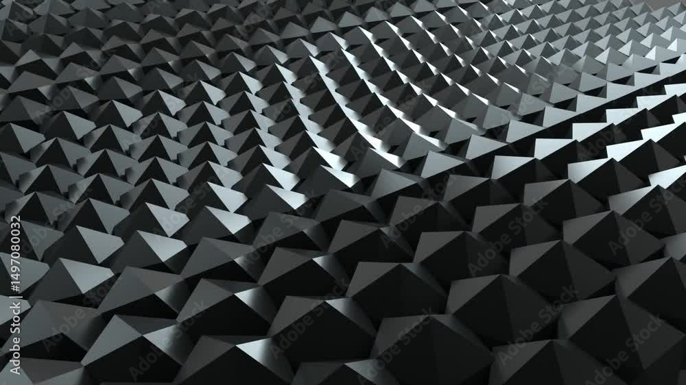 Poster abstract animation of a field of black pyramids undulating and shifting with subtle light play. mood