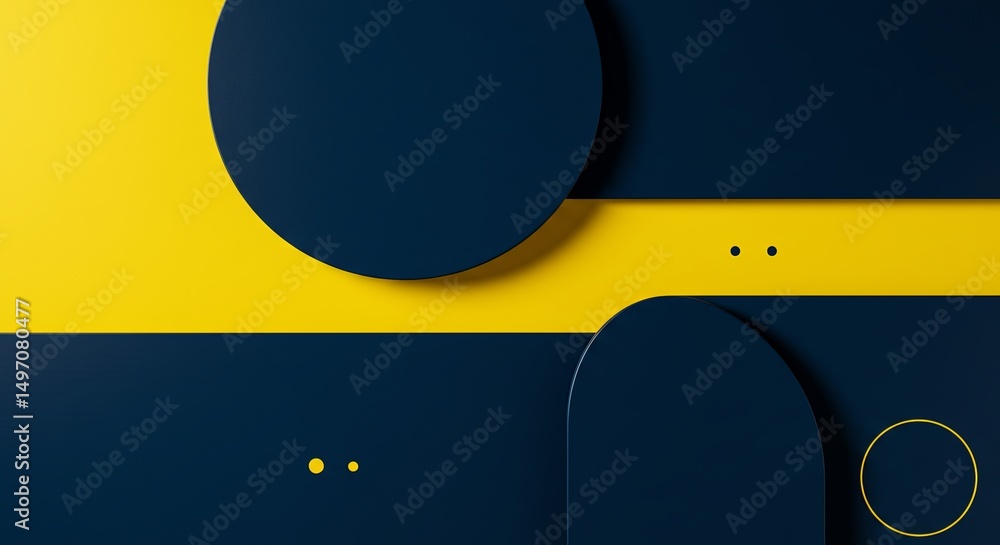 Poster a blue and yellow abstract design with circles and squares