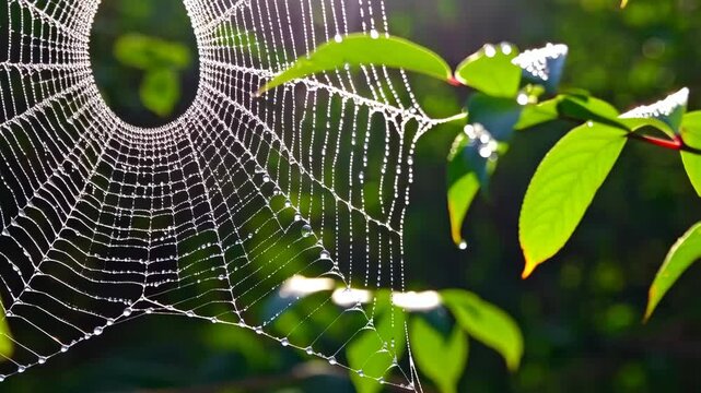 Dew-covered spiderweb strung through leaves, illuminated by morning light, close-up shot of nature's delicate pattern, sparkling water droplets, green foliage