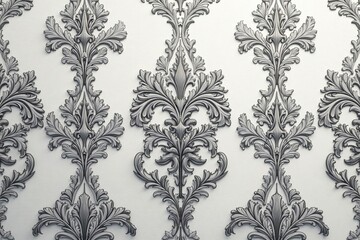 Symmetrical damask pattern with swirling acanthus leaves and intricate detailing in shades of grey , grey, motif, luxury
