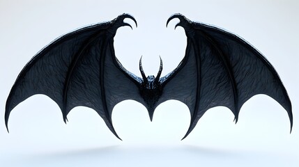 Fototapeta premium A demonic, bat-like creature with large, textured wings outstretched, viewed from below against a white background. Its claws are prominent