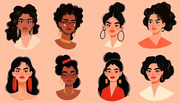 Portraits von Frauen mit verschiedenen Frisuren und Accessoires