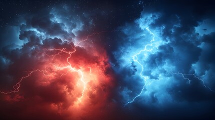 A dramatic, widescreen depiction of a stormy night sky, split into two halves one red with fiery lightning, the other blue with icy bolts