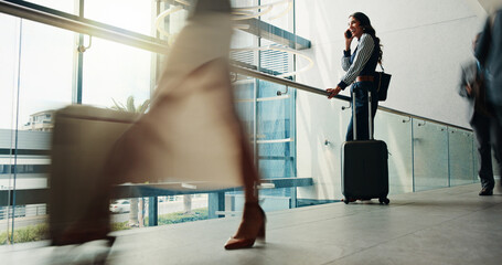 Airport, waiting and woman on business trip, phone call and plan for travel arrangement and chat....