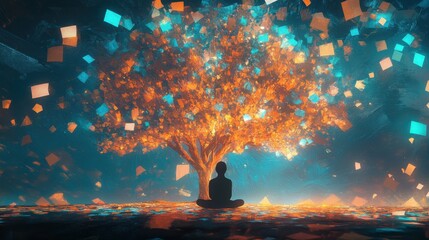 Person meditating under a glowing digital tree in a surreal nightscape.