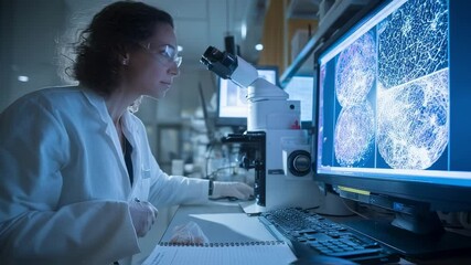 Professional scientist analyzing cellular data on computer screen in modern laboratory - Powered by Adobe
