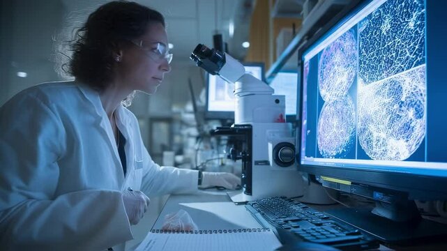 Professional scientist analyzing cellular data on computer screen in modern laboratory