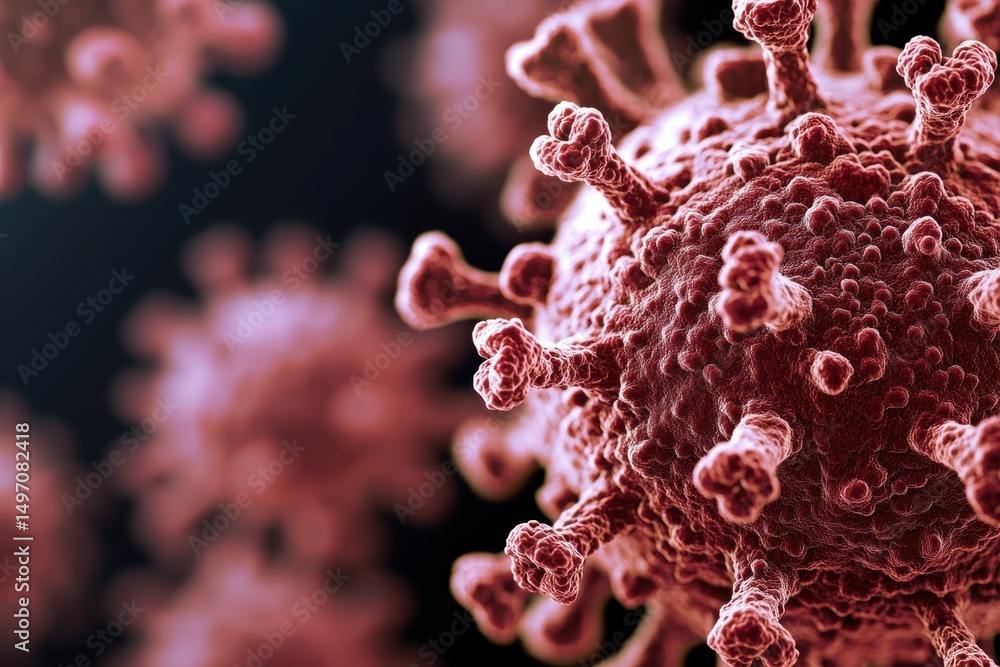 Poster virus structure in close-up showcasing spikes and surface details observed under high magnification 