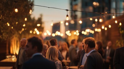 Business Professionals Networking at Evening Event Under String Lights, Representing Corporate Socializing and Team Celebration : Generative AI