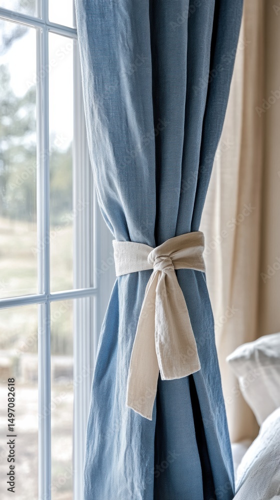 Poster soft blue curtains tied with natural fabric create an inviting atmosphere in a serene room with a vi