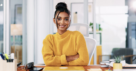 Creative office, happy and portrait of business woman with smile for copywriting, editing and...