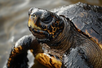 Turtle impacted by oil spill struggles on the shore while rescuers work to clean and rehabilitate injured wildlife