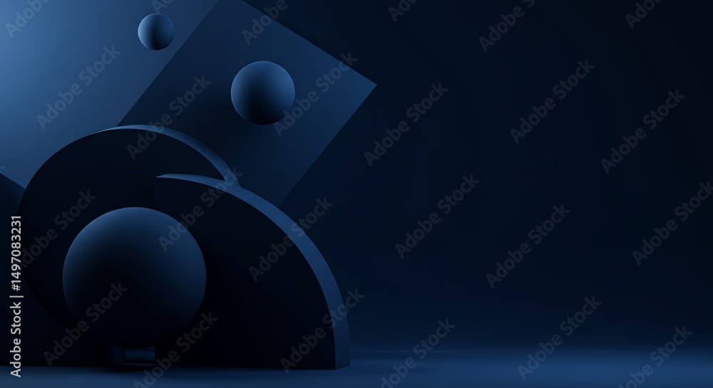 Poster a blue background with three spheres and two cubes