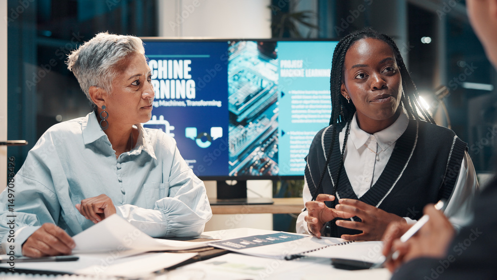 Poster machine learning, business people and planning in meeting, ai project and brainstorming for software