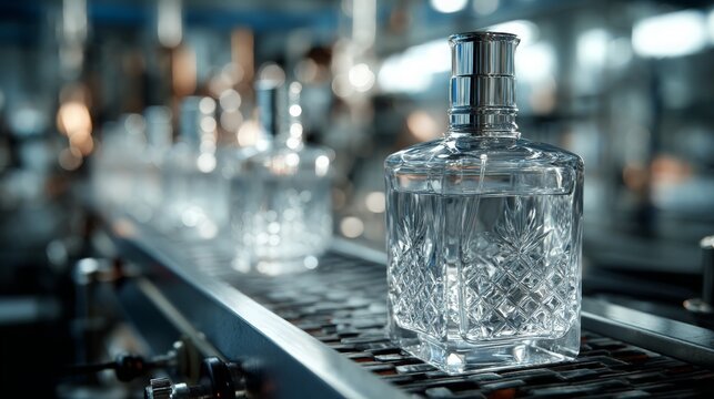 Elegant glass perfume bottles on conveyor in luxury cosmetics factory