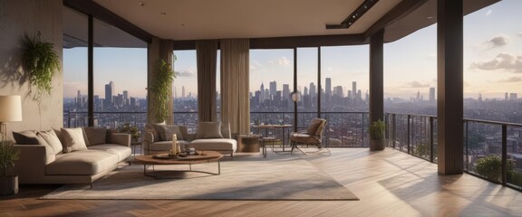 Expansive living space with balcony access, cityscape backdrop, designer decor,  modern apartment,  urban