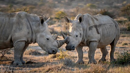 Obraz premium Two Rhinoceroses Facing Each Other in a Grassland Habitat