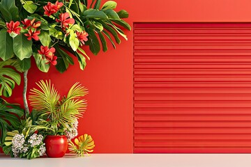 Red wall with tropical plants and red garage door
