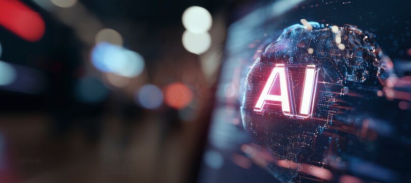 Glowing AI Text on Digital Global Network Sphere -Large Language Model, LLM, Digital Future, Machine Learning, Neural Networks, Deep Learning Algorithms, Reinforcement Learning. Panoramic Background