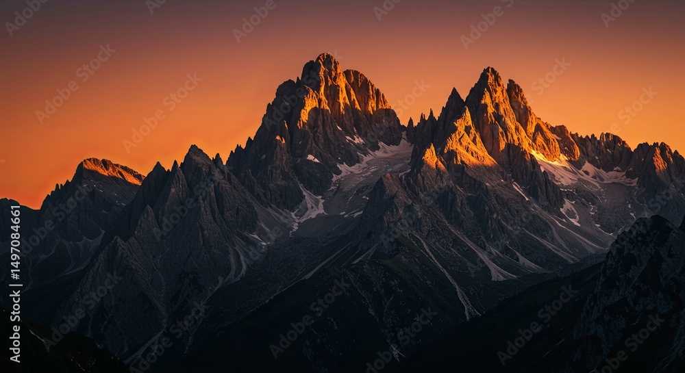 Poster the mountains are covered in snow and the sun is setting behind them