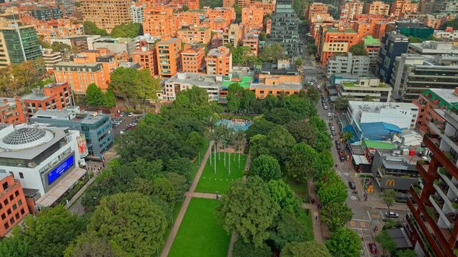 Aerial orbit establishing in the 93 park in the exclusive neighborhood of El Chico in Bogota, Colombia, a wealthy area of the Colombian capital.