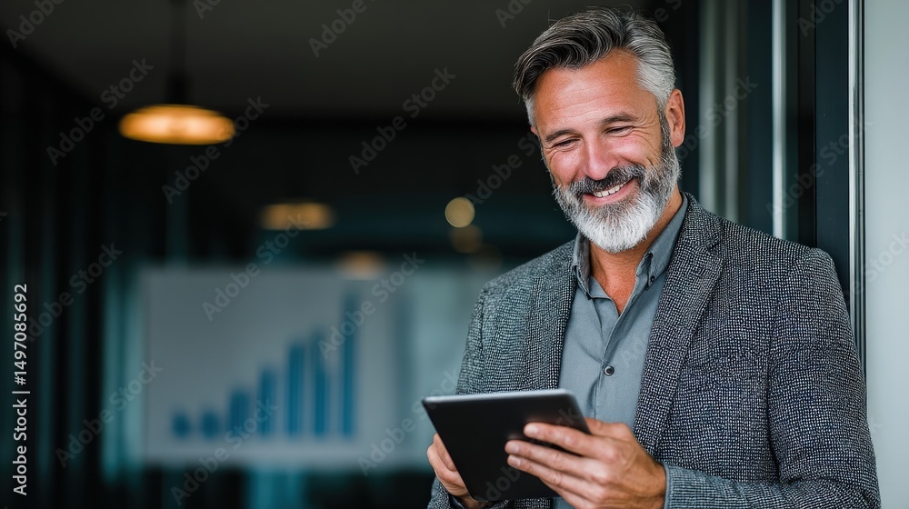 Wall mural professional ceo smiling and browsing digital reports on sleek tablet device indoors..