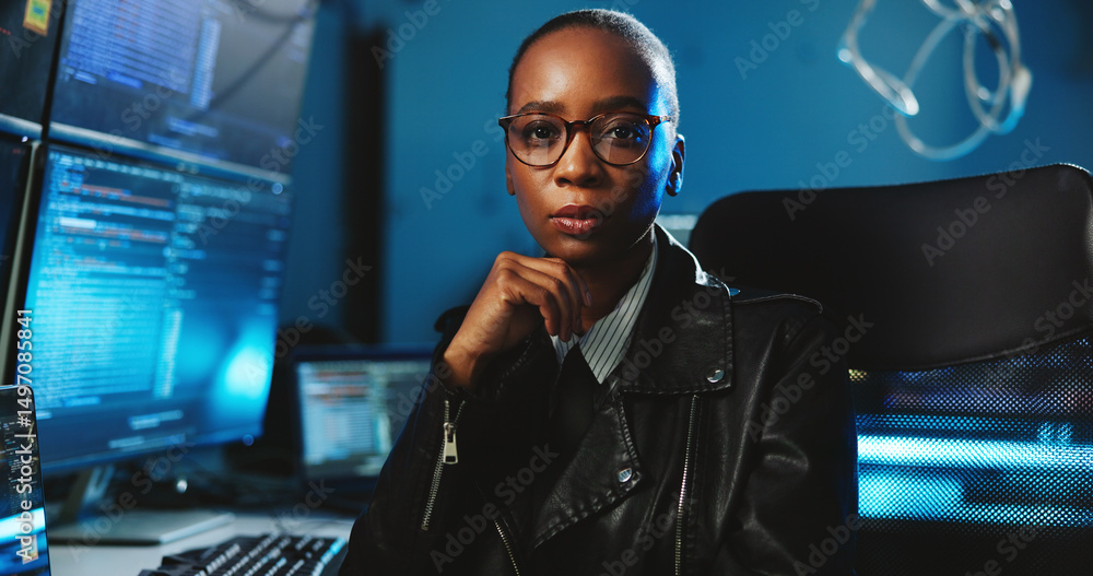 Aufkleber Portrait, black woman and coding on computer at night for programming, cyber attack and online information. Person, pc and research for website phishing, data protection and server script for hacking