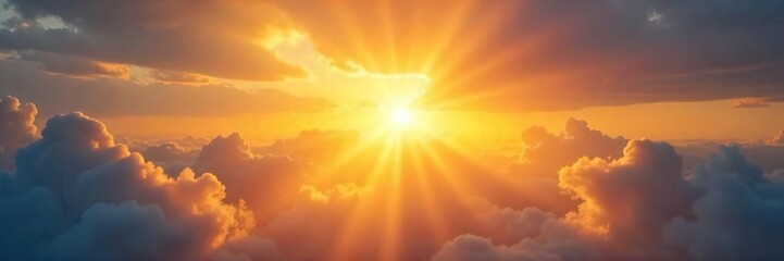 Fototapeta premium Stunning sunburst, radiant sun rays bursting through clouds, illuminating the sky with golden light Perfect for backgrounds, design elements, and nature themes , warm, clouds