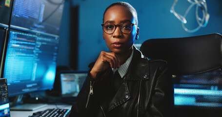 Portrait, black woman and coding on computer at night for programming, cyber attack and online...