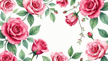 Intricate watercolor roses & leaves, repeating pattern, botanical, rose