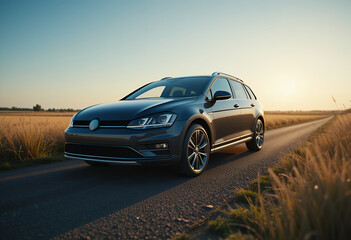 Modern black hatchback car driving on a rural road during golden hour with scenic fields
