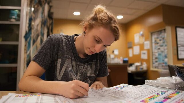Professional female carefully filling out paperwork with intense concentration, working diligently at office desk while managing administrative documentation with precision